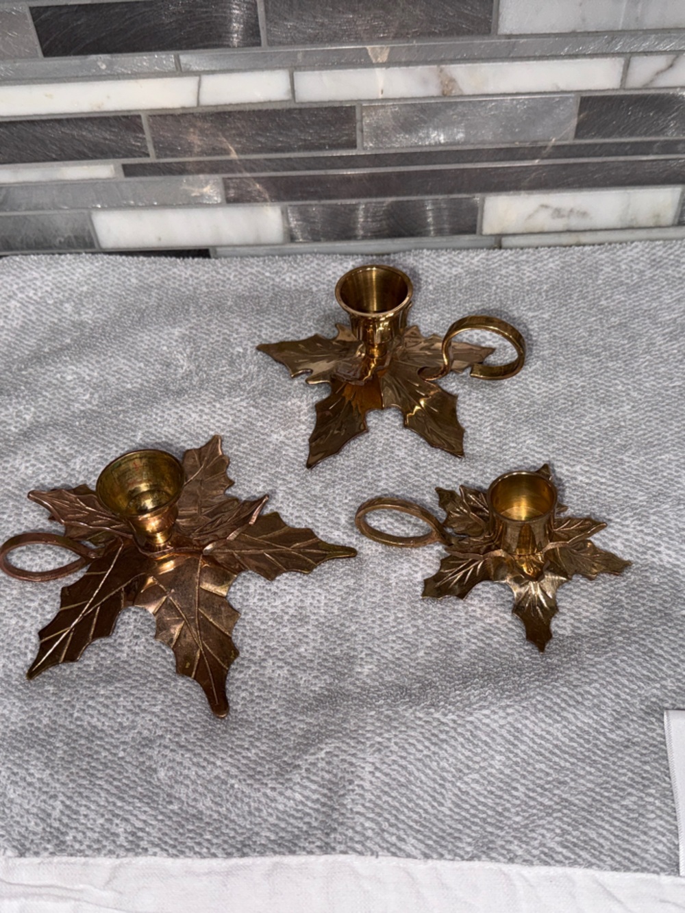 Solid Brass Holiday Holly Leaf Candle Holders - Set of 3